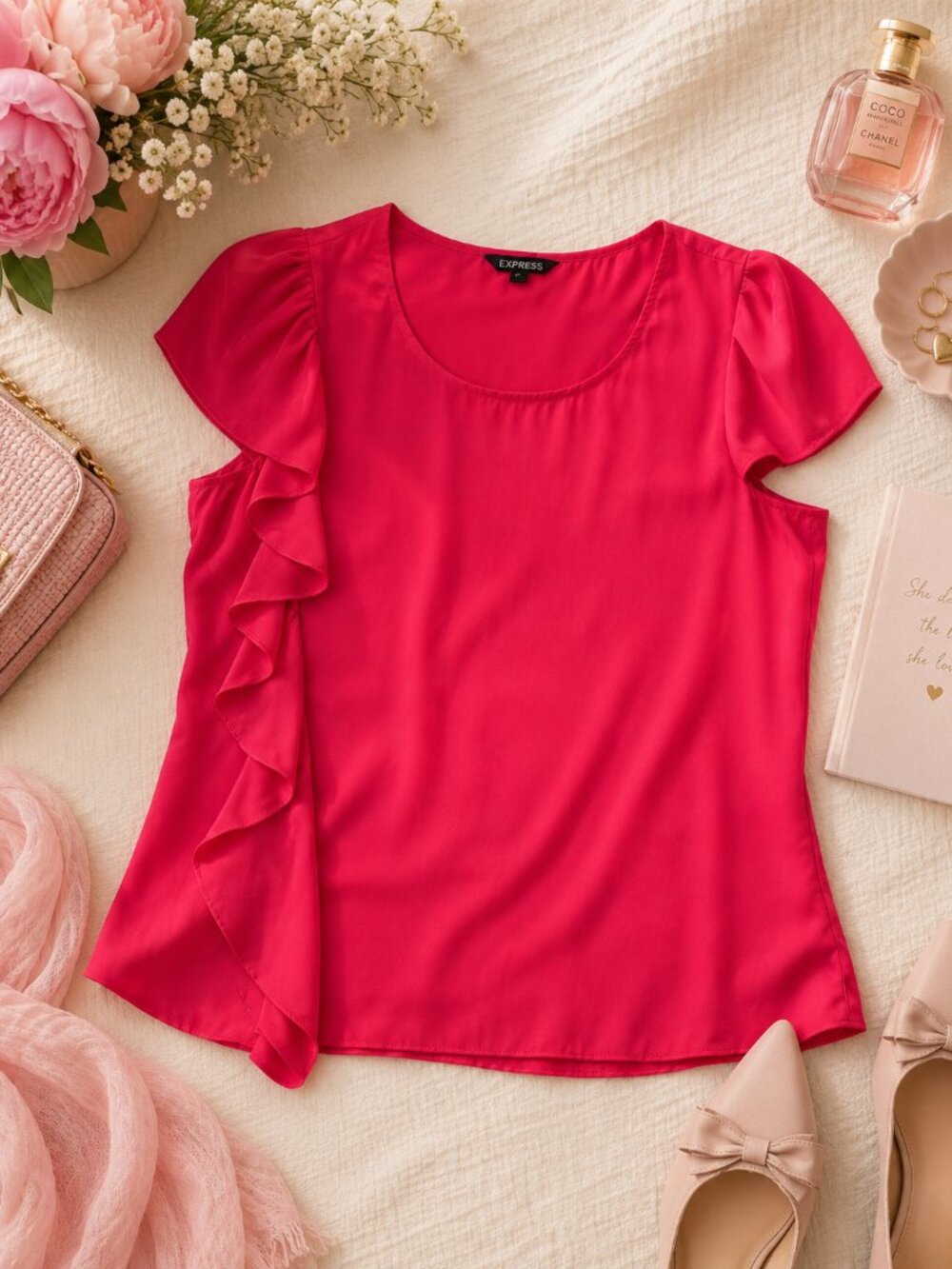 Express Women's Medium Pink Ruffle Sleeve Blouse Short Sleeve Career Top M